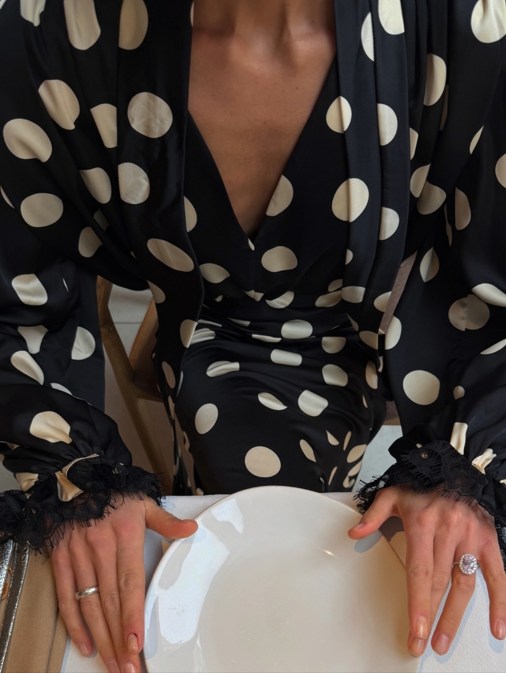 Polka Dot Dress Print Hanging Neck V-neck Bubble Sleeve Cinched Waist Fish Tai - Picture 10 of 12